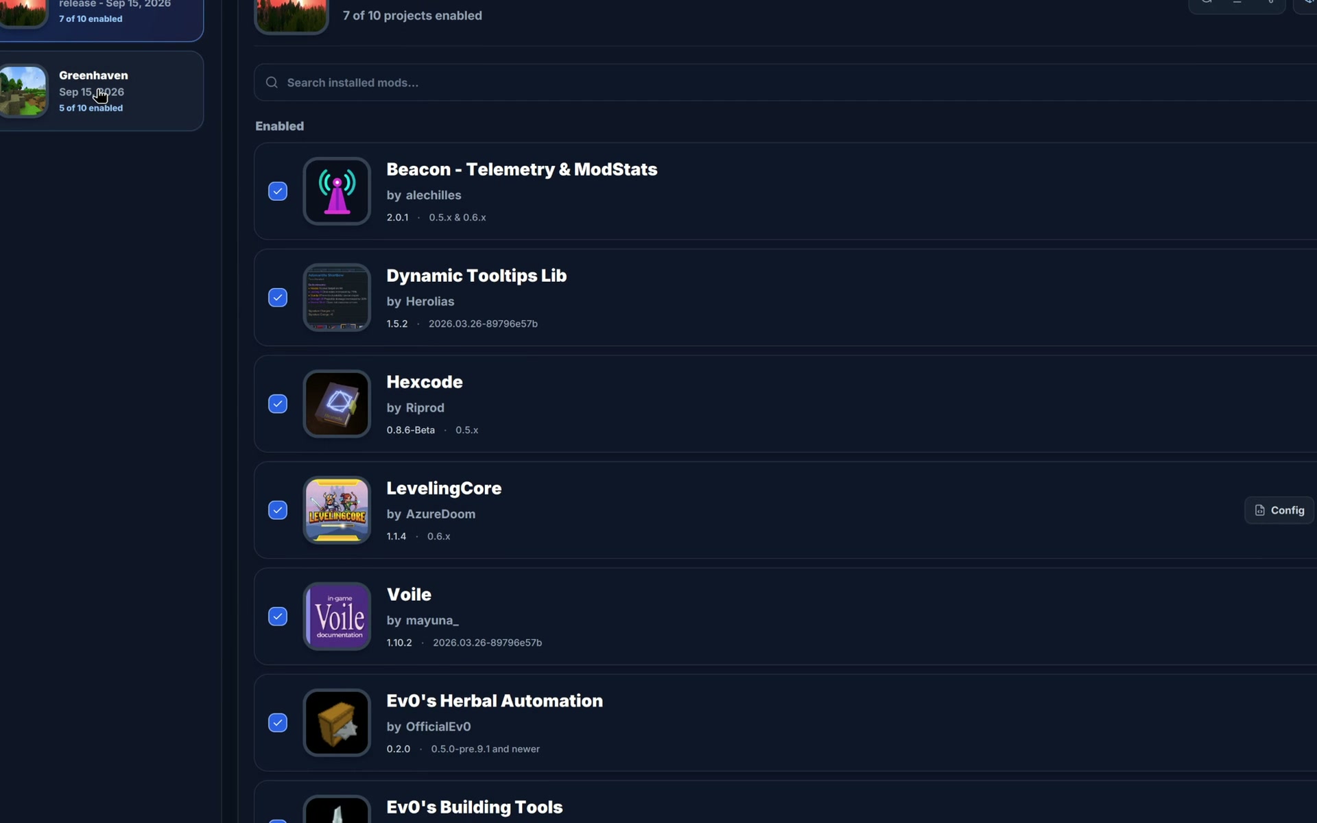 Downloading LevelingCore, choosing a world, and finding it enabled in the library