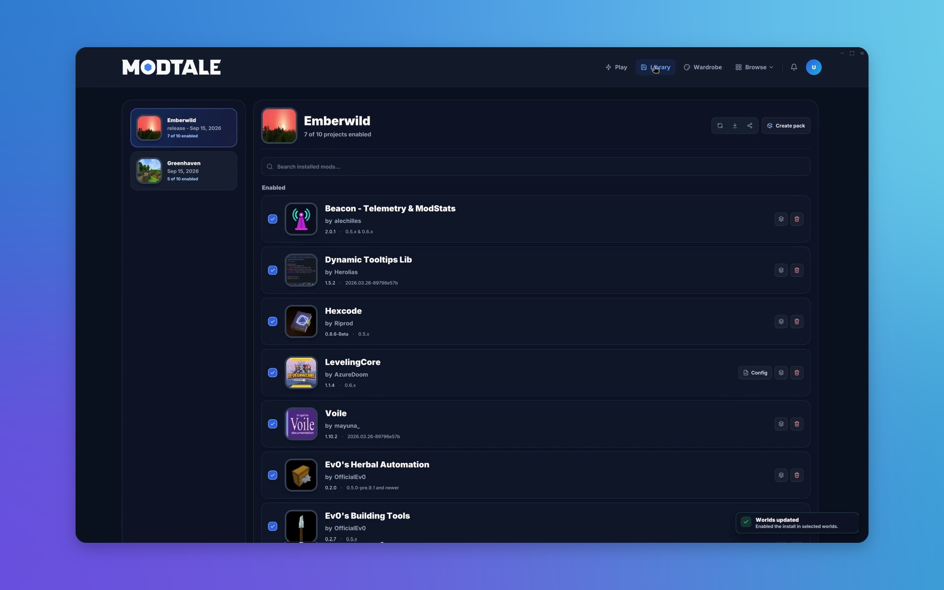 Download the latest LevelingCore release, enable it in Arcanum and Greenhaven, and confirm it in the library.