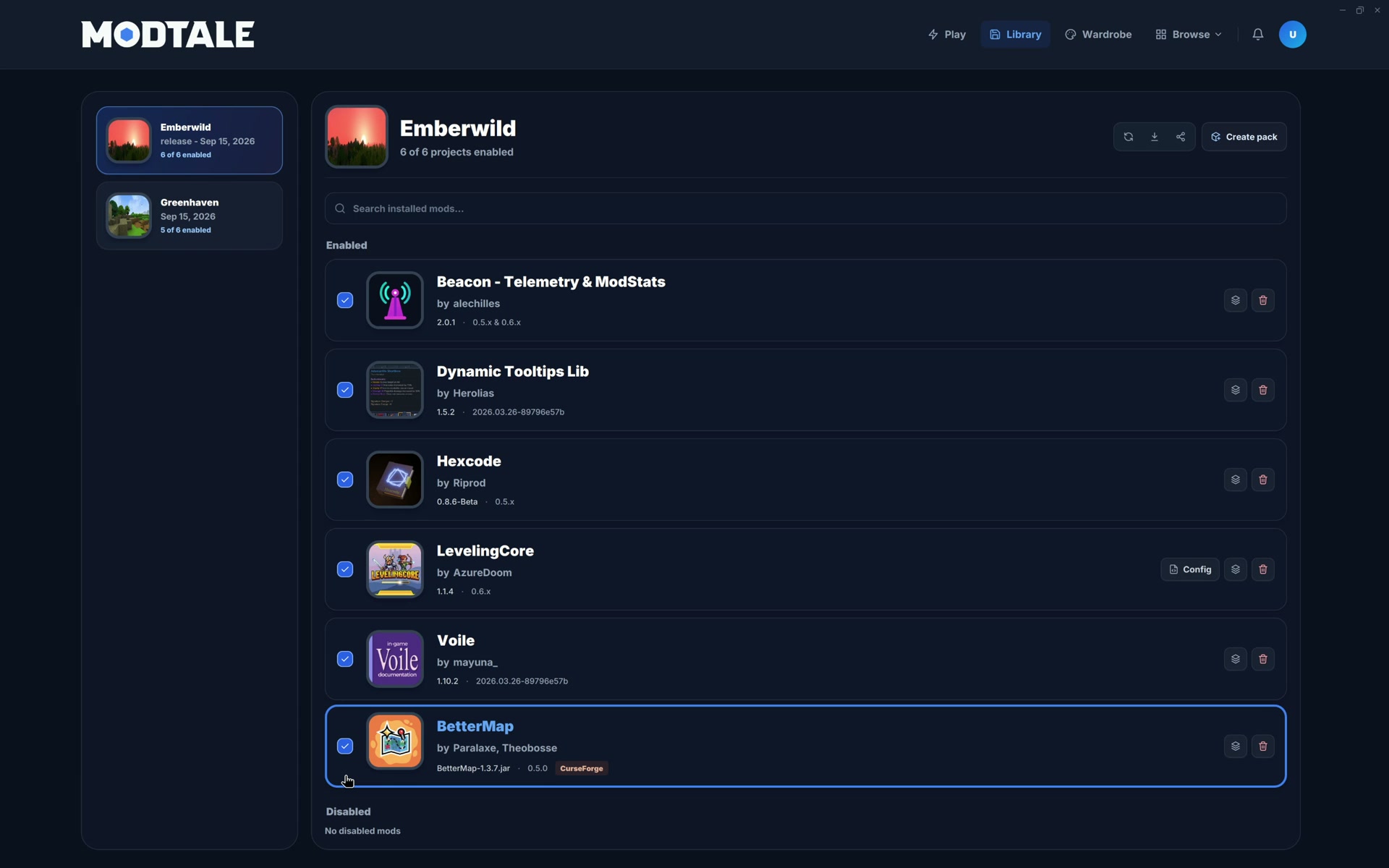 Enabling CurseForge, switching providers, and downloading BetterMap into the library