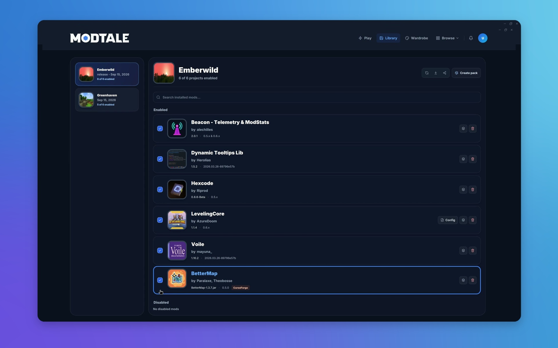 Browse CurseForge, expand and scroll BetterMap’s release notes, download from the changelog, and enable it in a world.