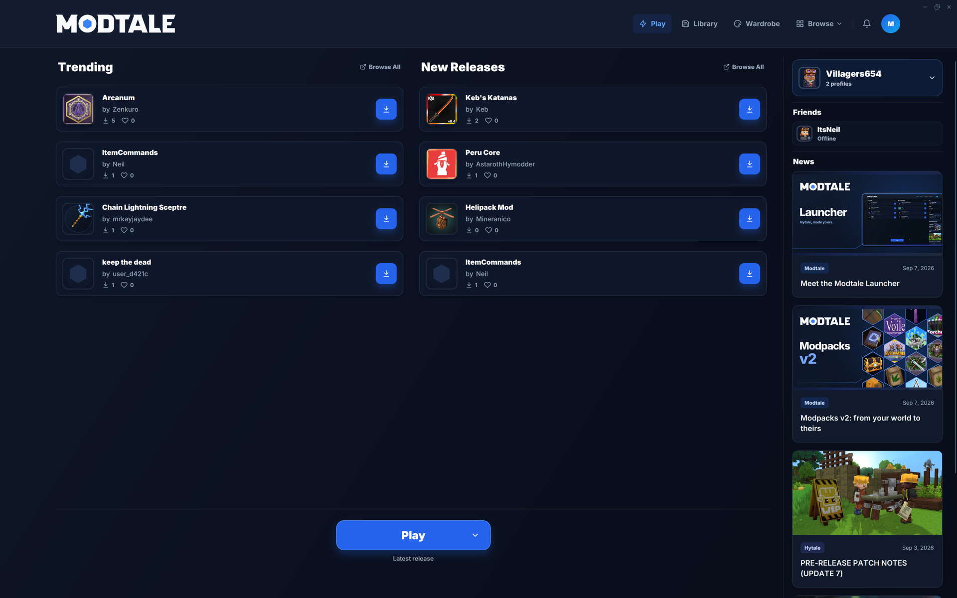 The Modtale Launcher Play tab with community projects, friends, and Hytale news