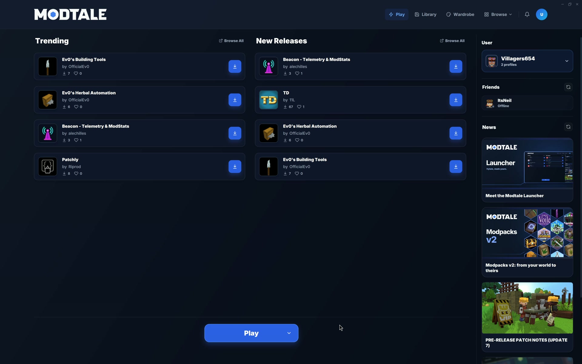 The Modtale Launcher Play tab with community projects, friends, and Hytale news
