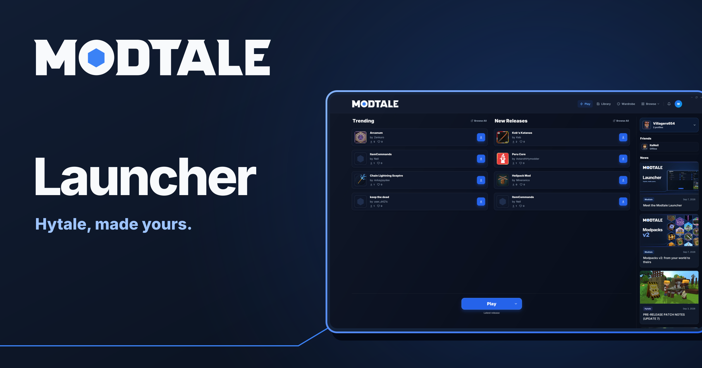 Modtale Launcher showing its Play page, on a blue background.
