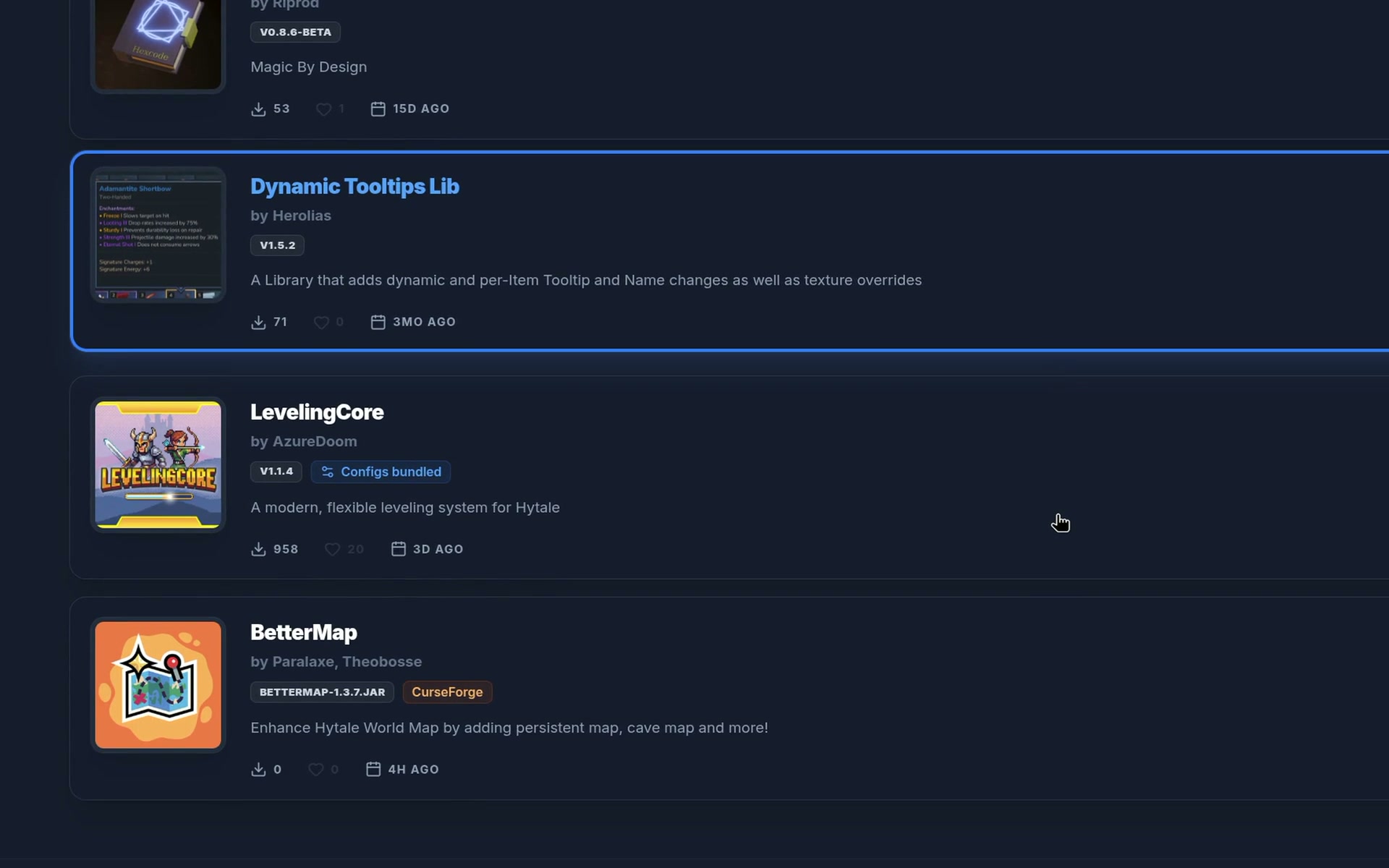 Choose LevelingCore configs, create a mixed Modtale and CurseForge list, open it on the website, and install and enable its five mods in the launcher.