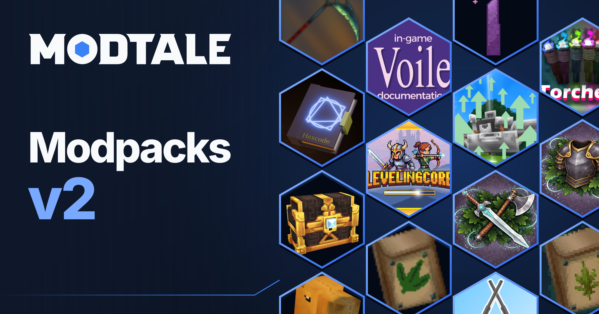 Modtale Modpacks v2 beside a field of blue hexagons filled with real mod icons, including LevelingCore, Ev0s Smokable Herbs, and Hexcode.